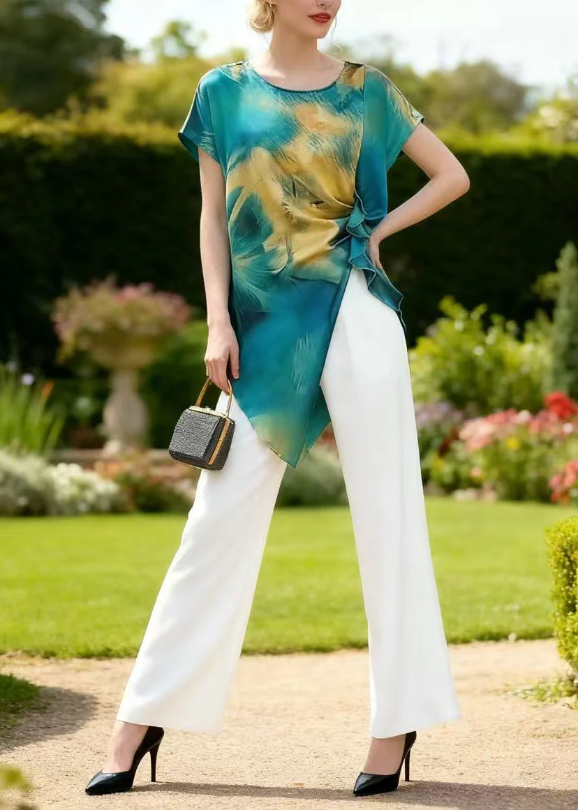 Chic O Neck Asymmetrical Print Silk Two-Piece Set Summer - Image 5