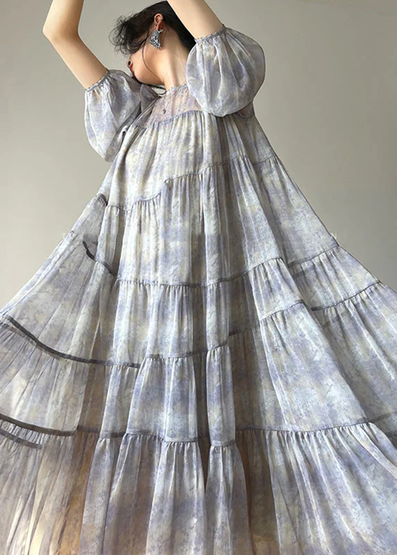 Chic O-Neck Print Button Wrinkled Chiffon Maxi Dresses Long Sleeve - Image 3