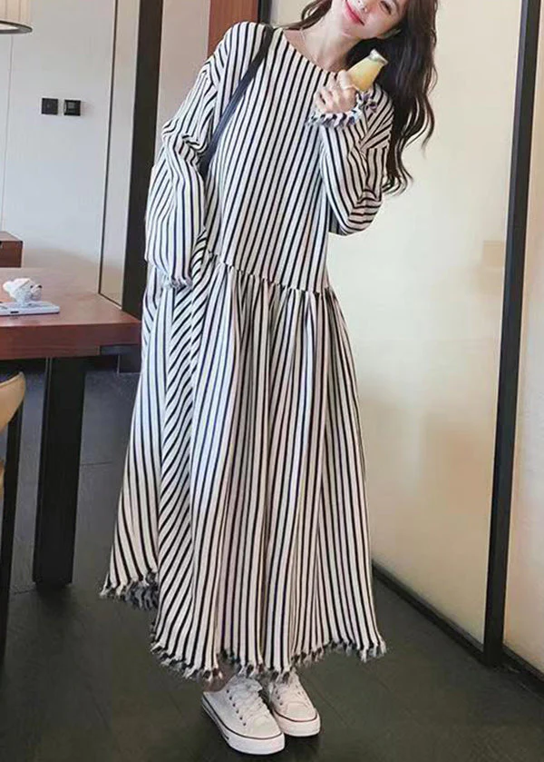 Chic O Neck Striped Patchwork Cotton Long Dresses Long Sleeve - Image 2