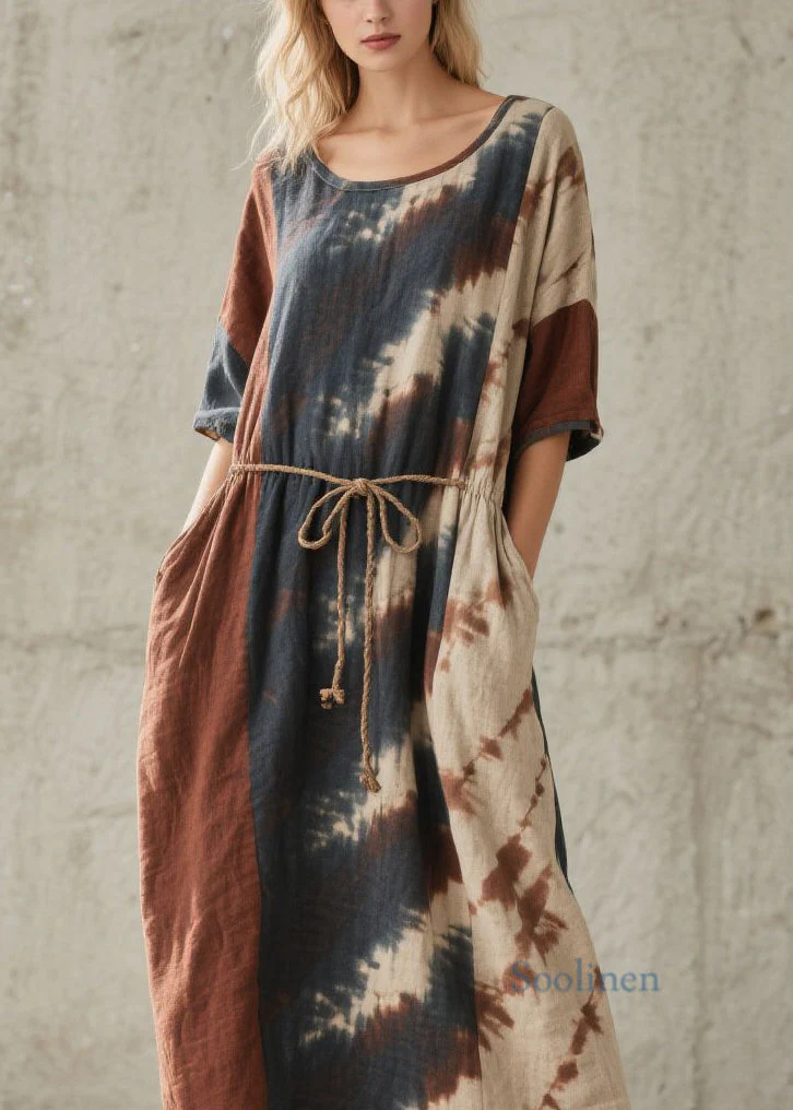 Chic O Neck Tie Dye Lace Up Pockets Cotton Dresses Summer - Image 2