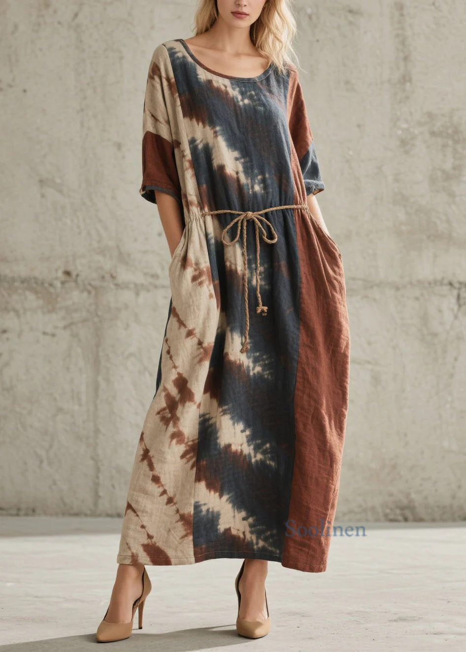 Chic O Neck Tie Dye Lace Up Pockets Cotton Dresses Summer - Image 3