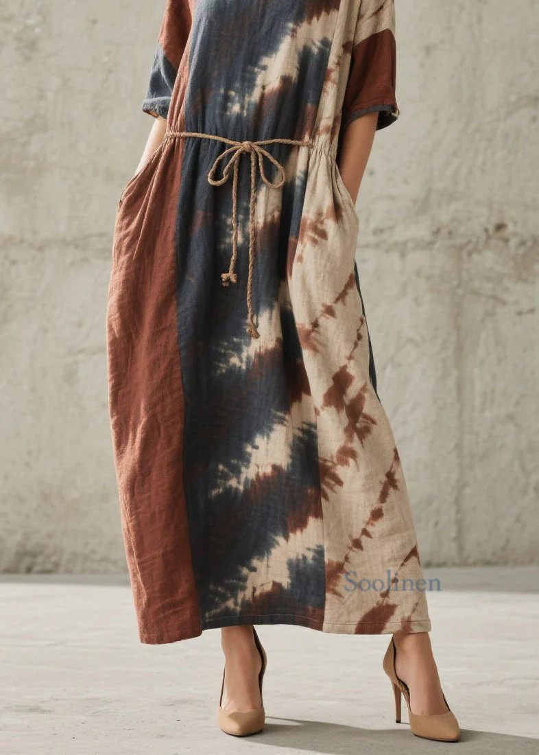Chic O Neck Tie Dye Lace Up Pockets Cotton Dresses Summer - Image 4