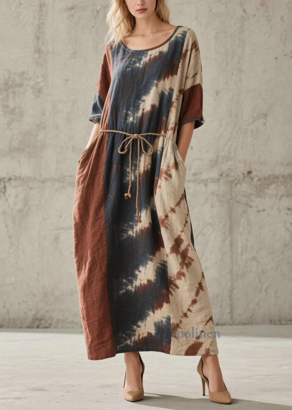 Chic O Neck Tie Dye Lace Up Pockets Cotton Dresses Summer - Image 5