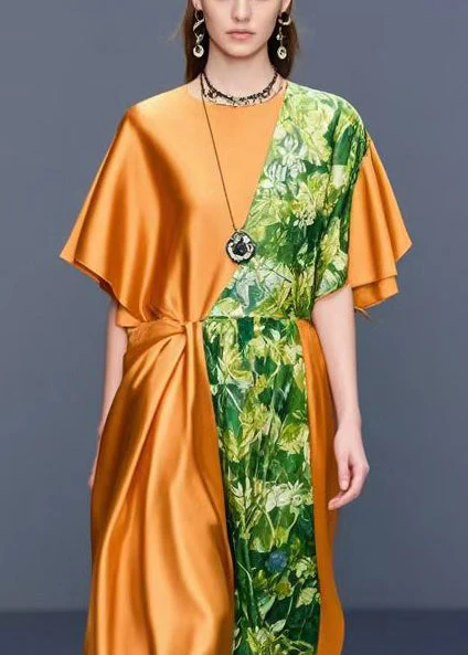 Chic Orange Asymmetrical Patchwork Print Silk Dress Summer - Image 2