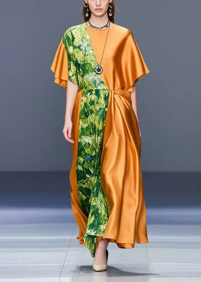 Chic Orange Asymmetrical Patchwork Print Silk Dress Summer - Image 3