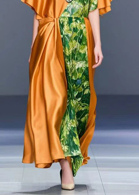 Chic Orange Asymmetrical Patchwork Print Silk Dress Summer - Image 4