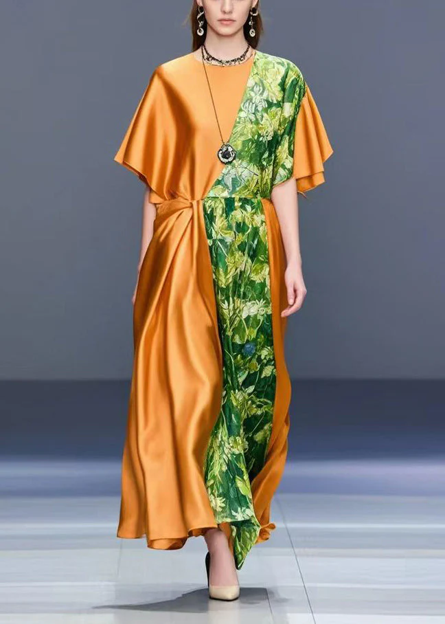 Chic Orange Asymmetrical Patchwork Print Silk Dress Summer - Image 5