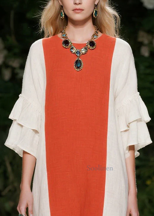 Chic Orange Oversized Patchwork Cotton Maxi Dresses Flare Sleeve - Image 2