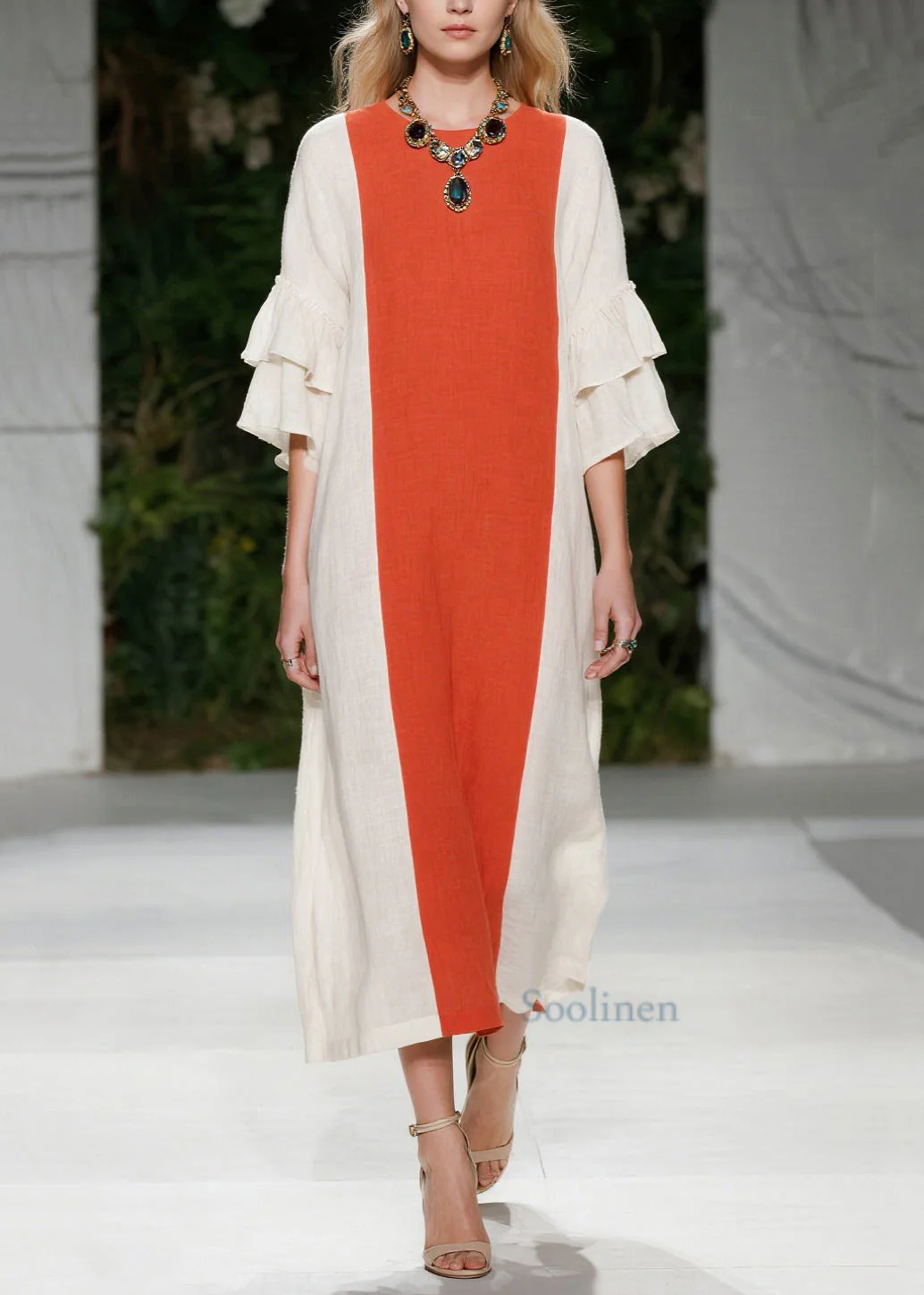 Chic Orange Oversized Patchwork Cotton Maxi Dresses Flare Sleeve - Image 3