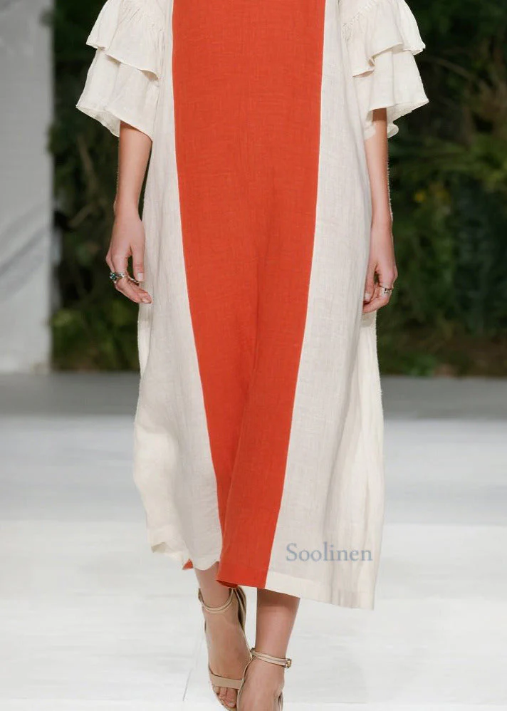 Chic Orange Oversized Patchwork Cotton Maxi Dresses Flare Sleeve - Image 4