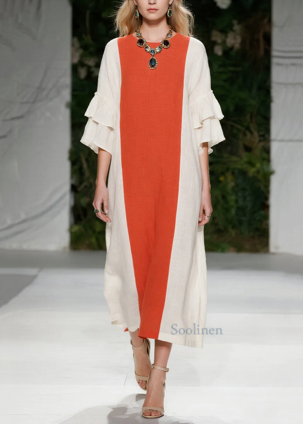 Chic Orange Oversized Patchwork Cotton Maxi Dresses Flare Sleeve - Image 5
