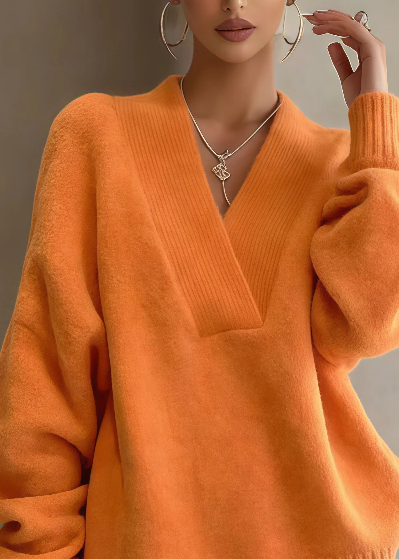 Chic Orange Oversized Warm Knit Sweaters And Shorts Two Piece Set Winter - Image 2