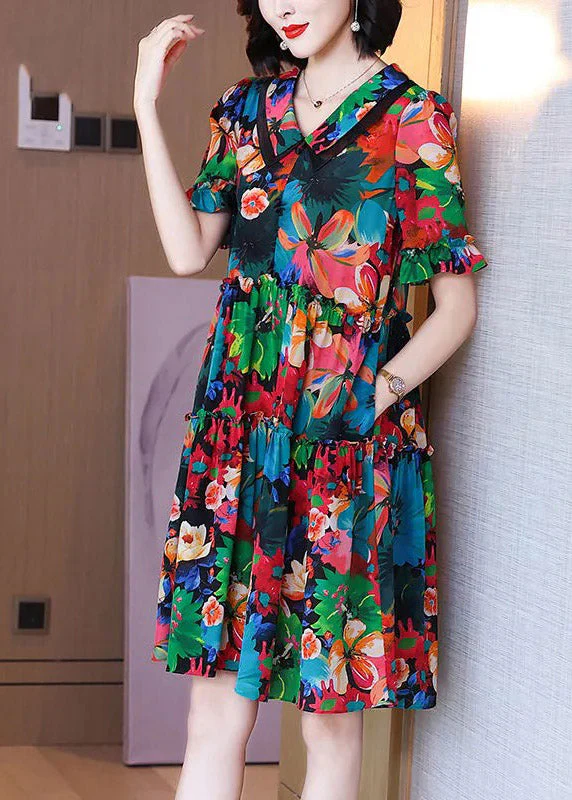 Chic Peter Pan Collar Print Pockets Wrinkled Silk Mid Dresses Short Sleeve - Image 2