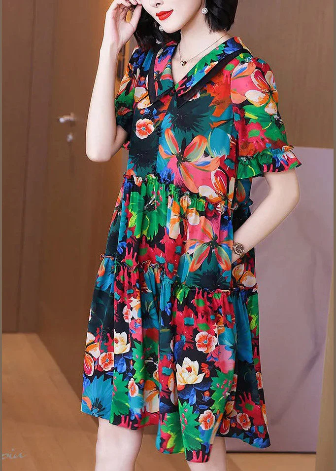 Chic Peter Pan Collar Print Pockets Wrinkled Silk Mid Dresses Short Sleeve - Image 3