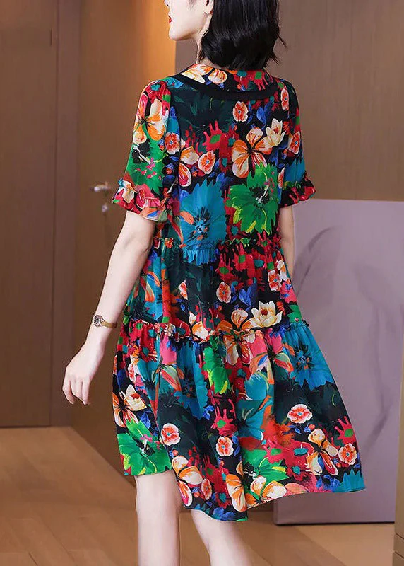 Chic Peter Pan Collar Print Pockets Wrinkled Silk Mid Dresses Short Sleeve - Image 4