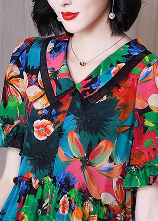 Chic Peter Pan Collar Print Pockets Wrinkled Silk Mid Dresses Short Sleeve - Image 5