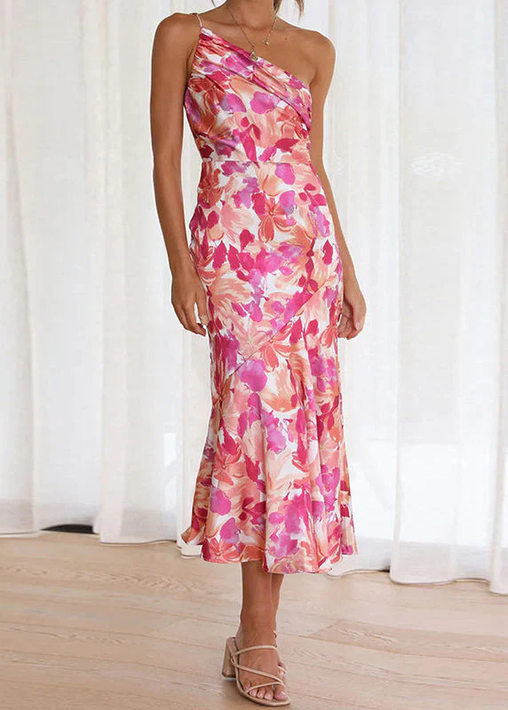 Chic Pink Asymmetrical Print Cotton Spaghetti Strap Dress Sleeveless - Image 3