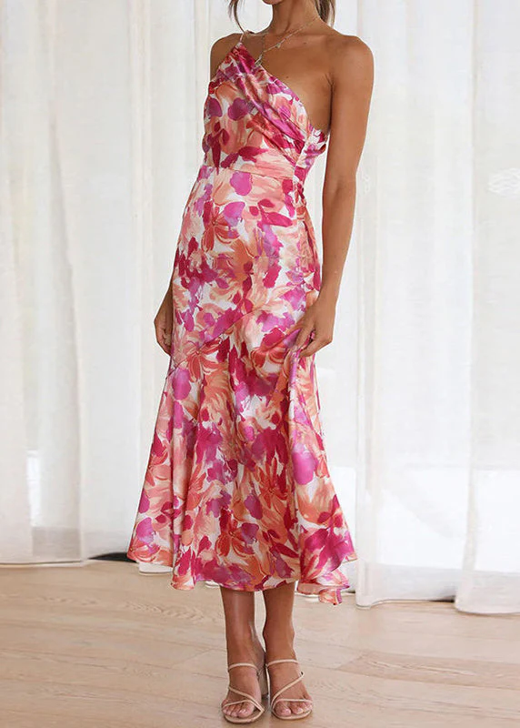 Chic Pink Asymmetrical Print Cotton Spaghetti Strap Dress Sleeveless - Image 4