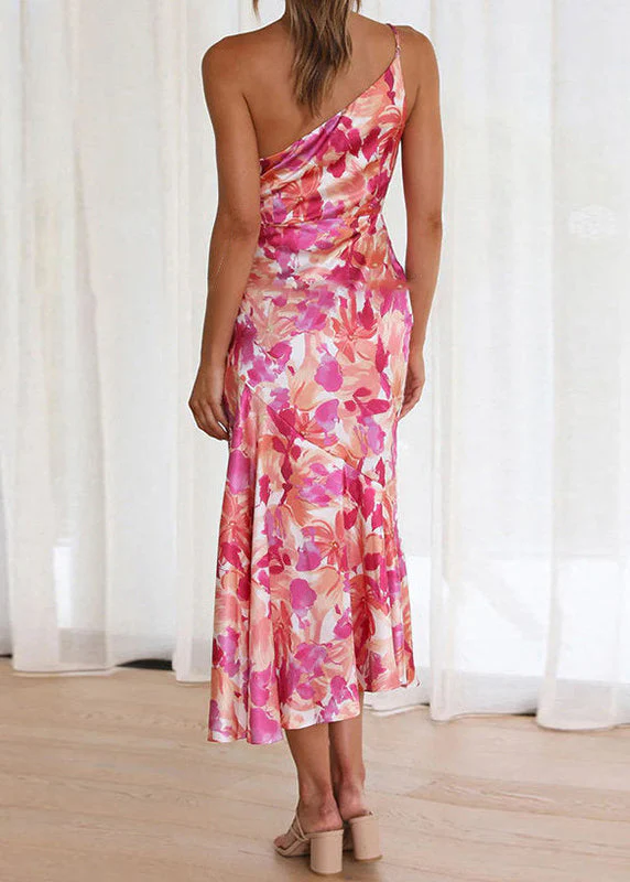 Chic Pink Asymmetrical Print Cotton Spaghetti Strap Dress Sleeveless - Image 5