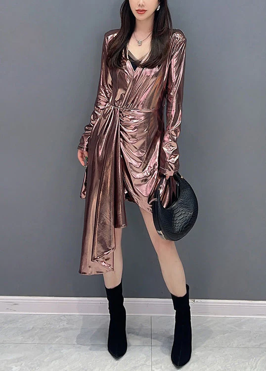 Chic Pink Asymmetrical Wrinkled Cotton Dress Long Sleeve - Image 2