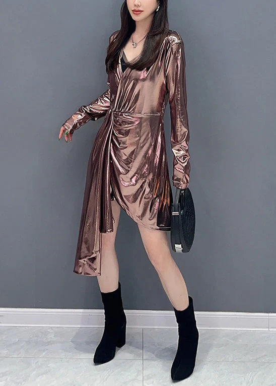 Chic Pink Asymmetrical Wrinkled Cotton Dress Long Sleeve - Image 3