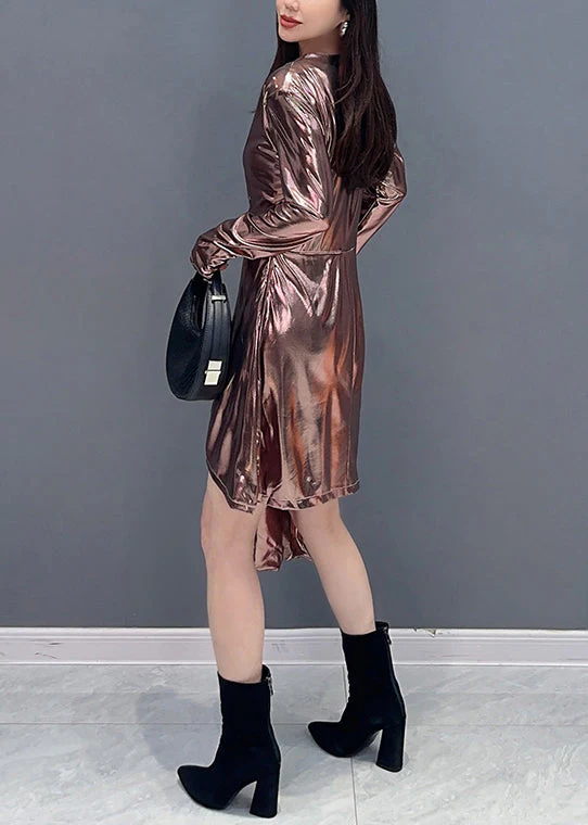 Chic Pink Asymmetrical Wrinkled Cotton Dress Long Sleeve - Image 4