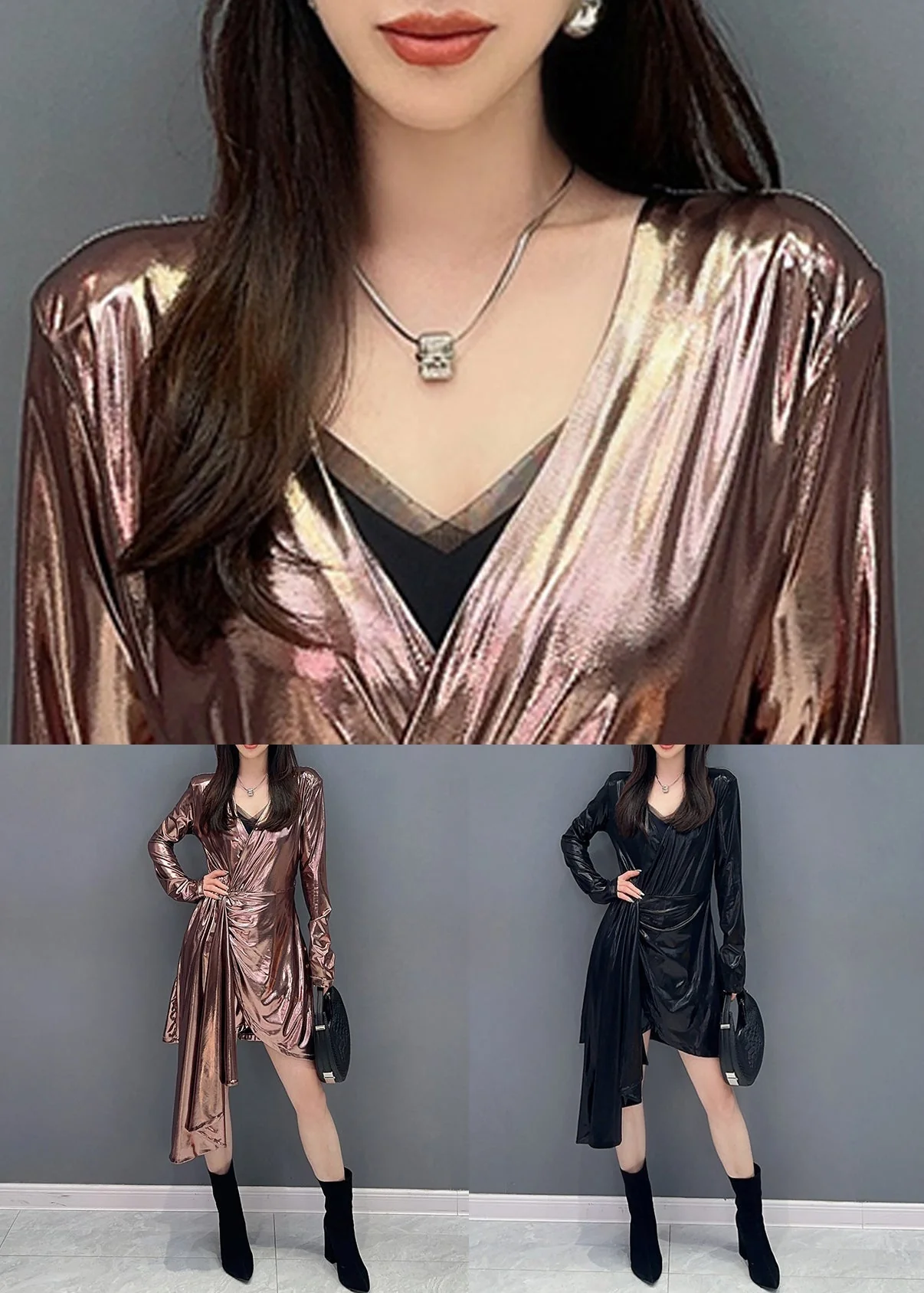 Chic Pink Asymmetrical Wrinkled Cotton Dress Long Sleeve - Image 5