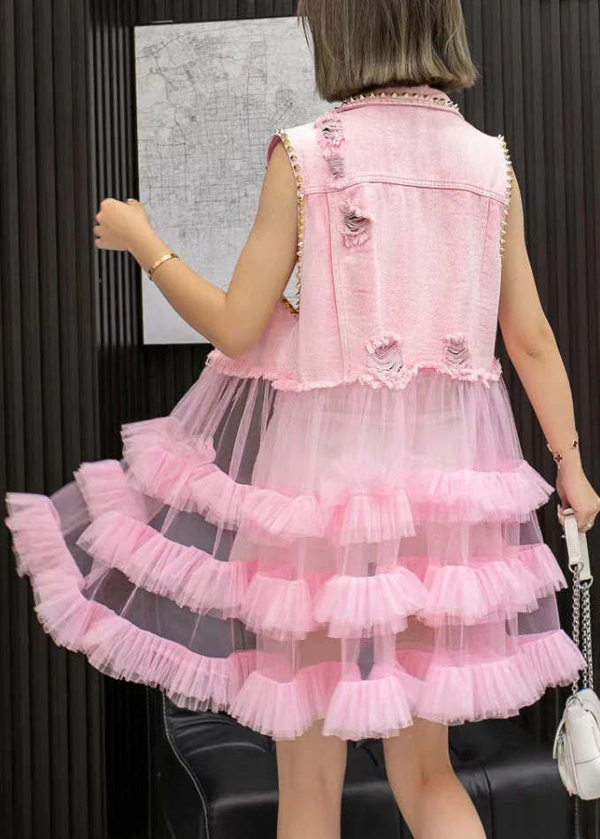 Chic Pink Denim Waistcoat Patchwork Tulle Mid Dresses Sleeveless - Image 4