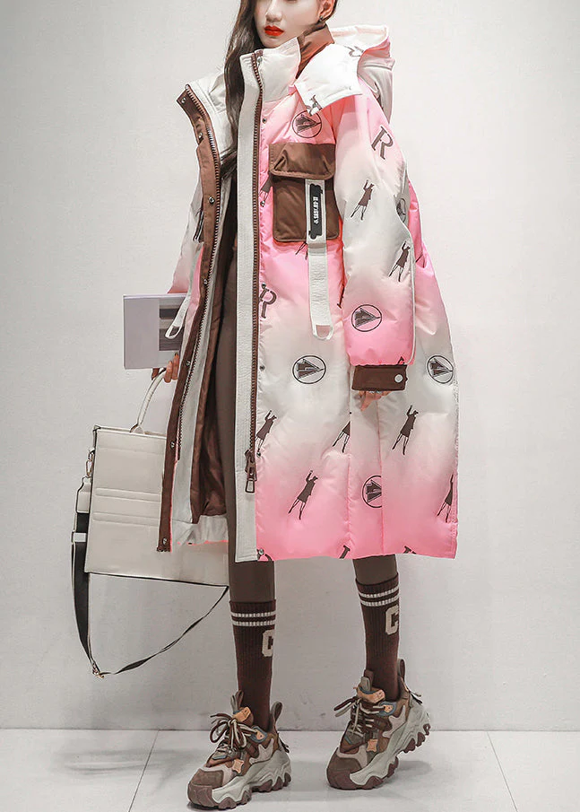 Chic Pink Gradient Color Hooded Zippered Duck Down Long Coats Winter - Image 3
