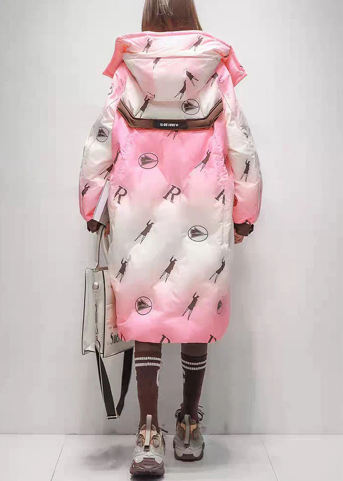Chic Pink Gradient Color Hooded Zippered Duck Down Long Coats Winter - Image 4