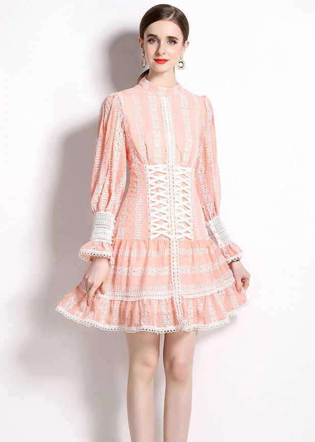Chic Pink Hollow Out Embroideried Patchwork Chiffon Mid Dress Puff Sleeve - Image 2