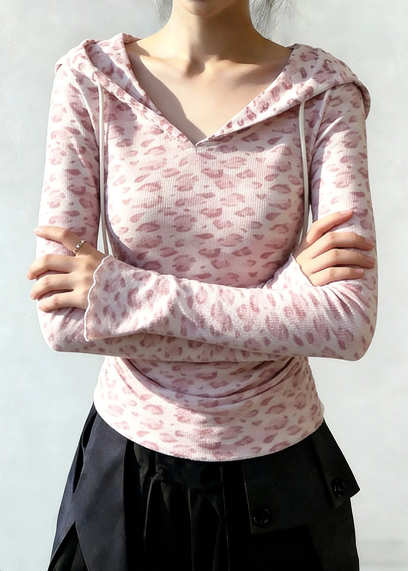 Chic Pink Hooded Leopard Print Cotton Sweatshirt Tops Spring - Image 2