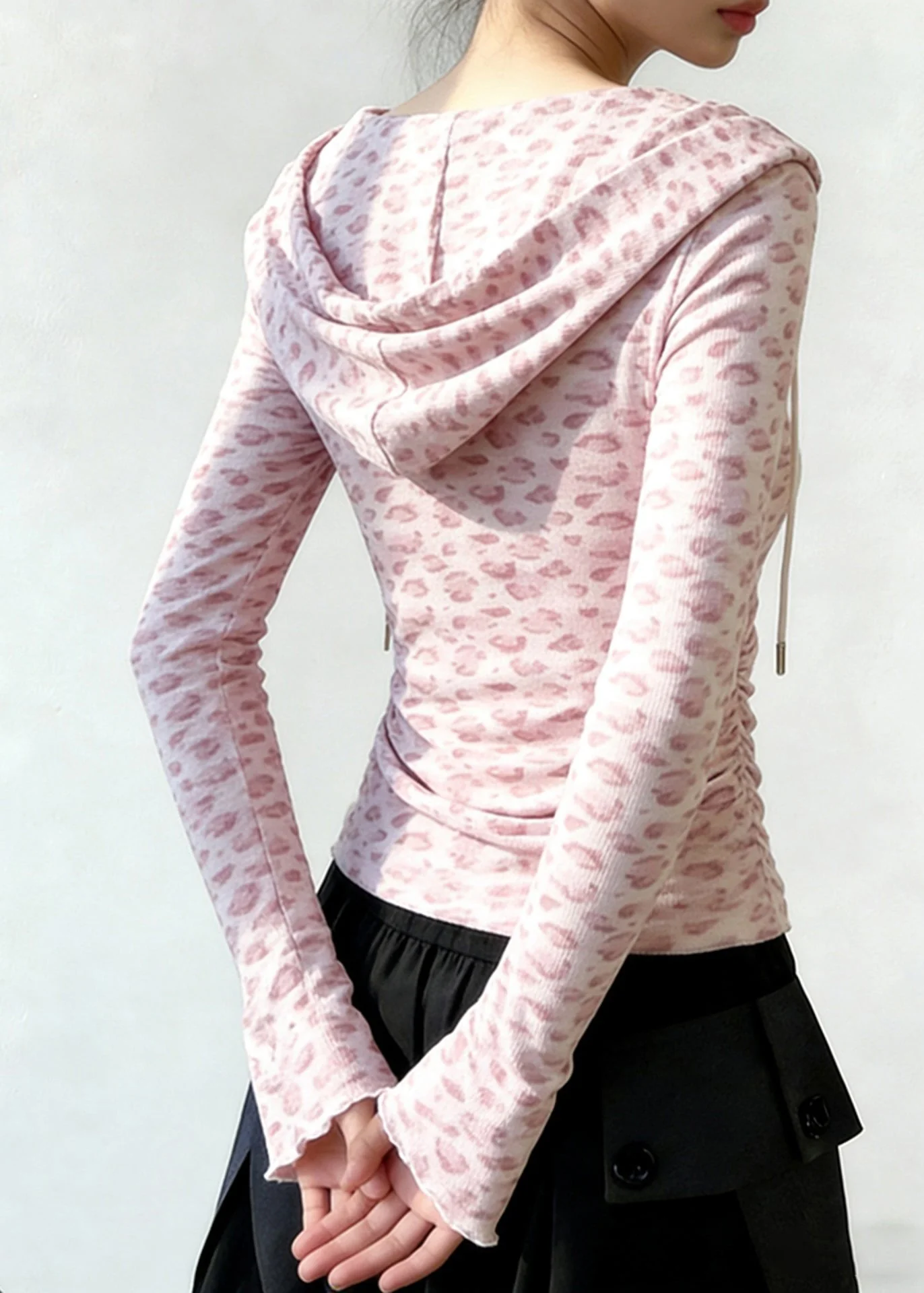 Chic Pink Hooded Leopard Print Cotton Sweatshirt Tops Spring - Image 4