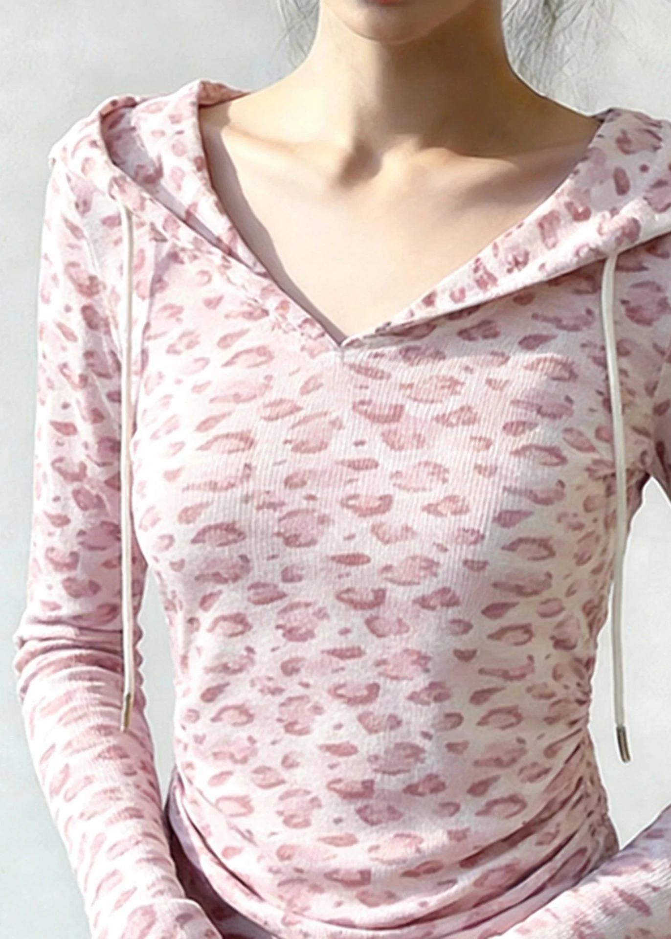 Chic Pink Hooded Leopard Print Cotton Sweatshirt Tops Spring - Image 5