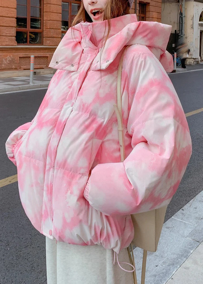Chic Pink Hooded Tie Dye Fine Cotton Filled Jackets Winter - Image 2