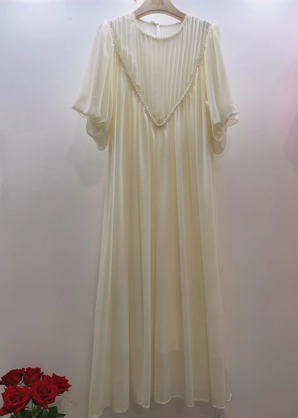 Chic Pink O-Neck Wrinkled Nail Bead Long Traveling Dresses Spring - Image 2