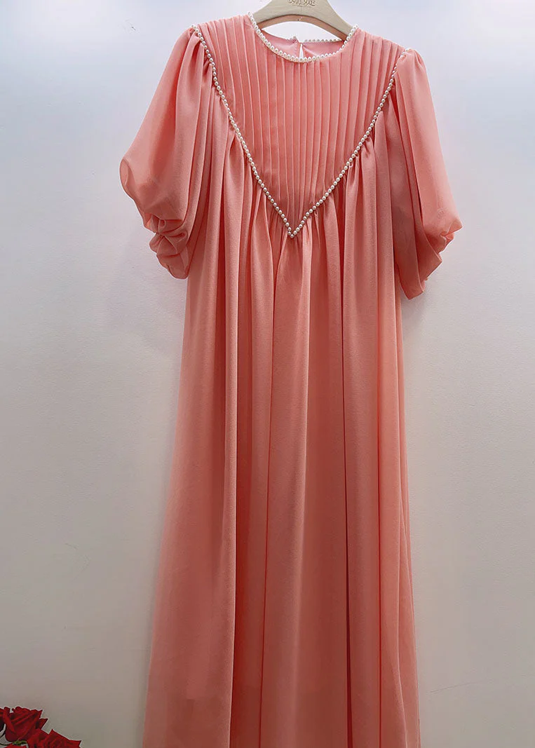 Chic Pink O-Neck Wrinkled Nail Bead Long Traveling Dresses Spring - Image 3