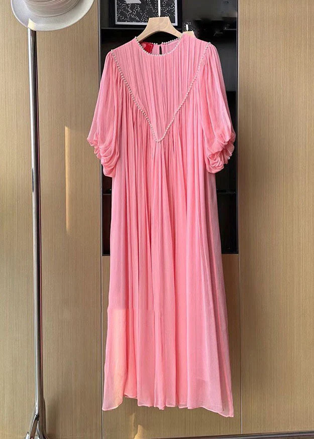 Chic Pink O-Neck Wrinkled Nail Bead Long Traveling Dresses Spring - Image 4