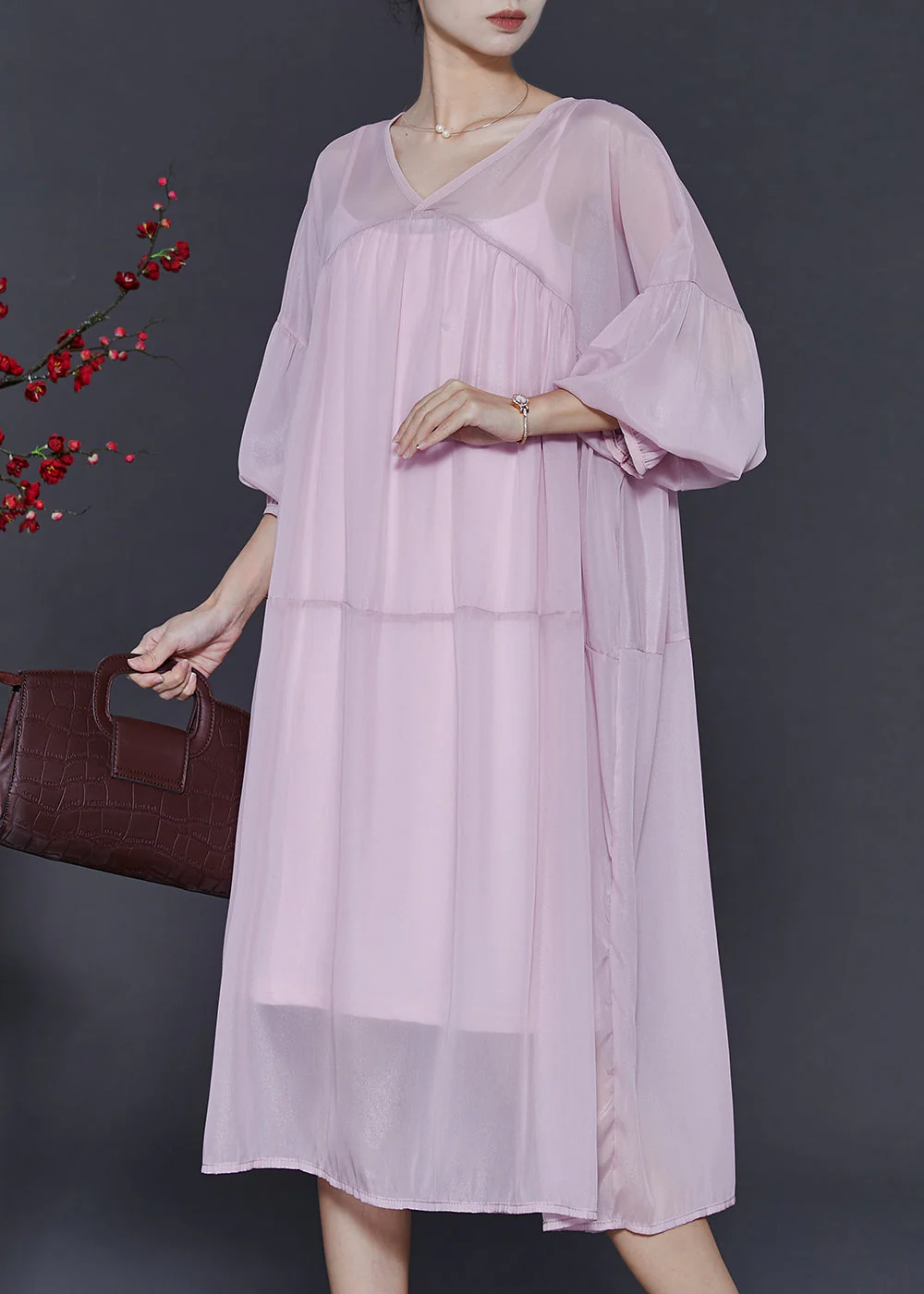 Chic Pink Oversized Draping Chiffon Dresses Two Piece Set Summer