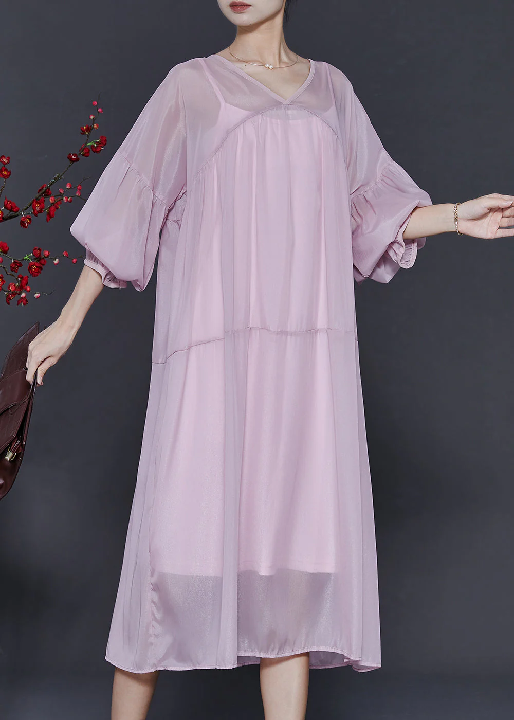 Chic Pink Oversized Draping Chiffon Dresses Two Piece Set Summer - Image 2
