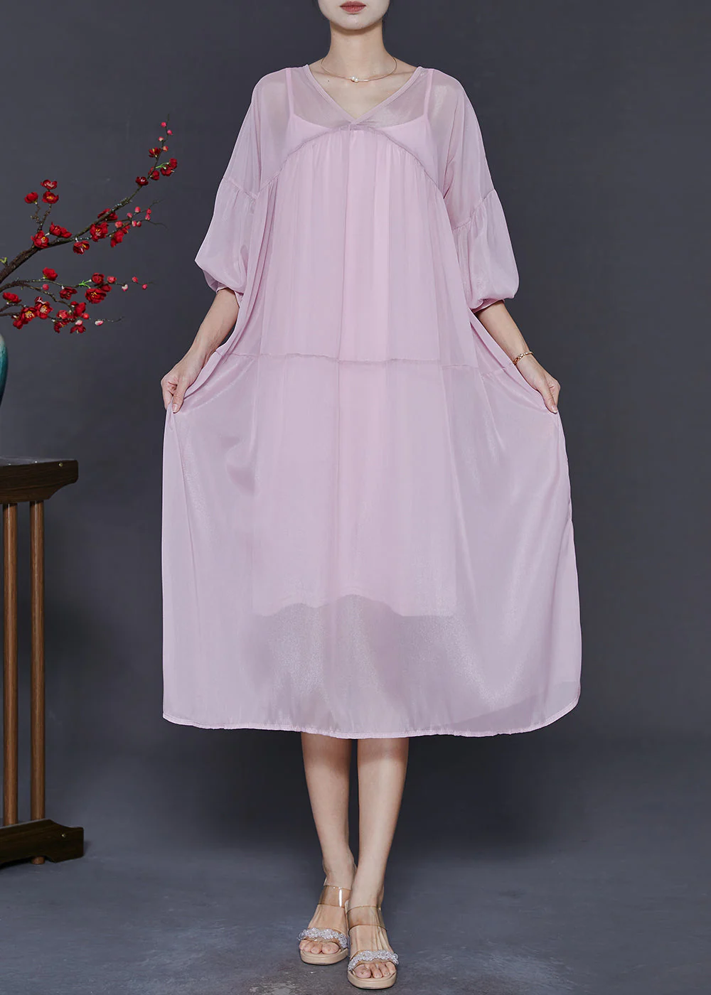 Chic Pink Oversized Draping Chiffon Dresses Two Piece Set Summer - Image 3