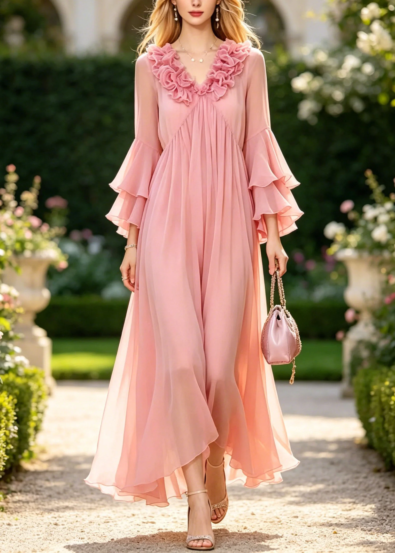 Chic Pink Ruffled Patchwork Chiffon Vacation Dress Flare Sleeve - Image 3