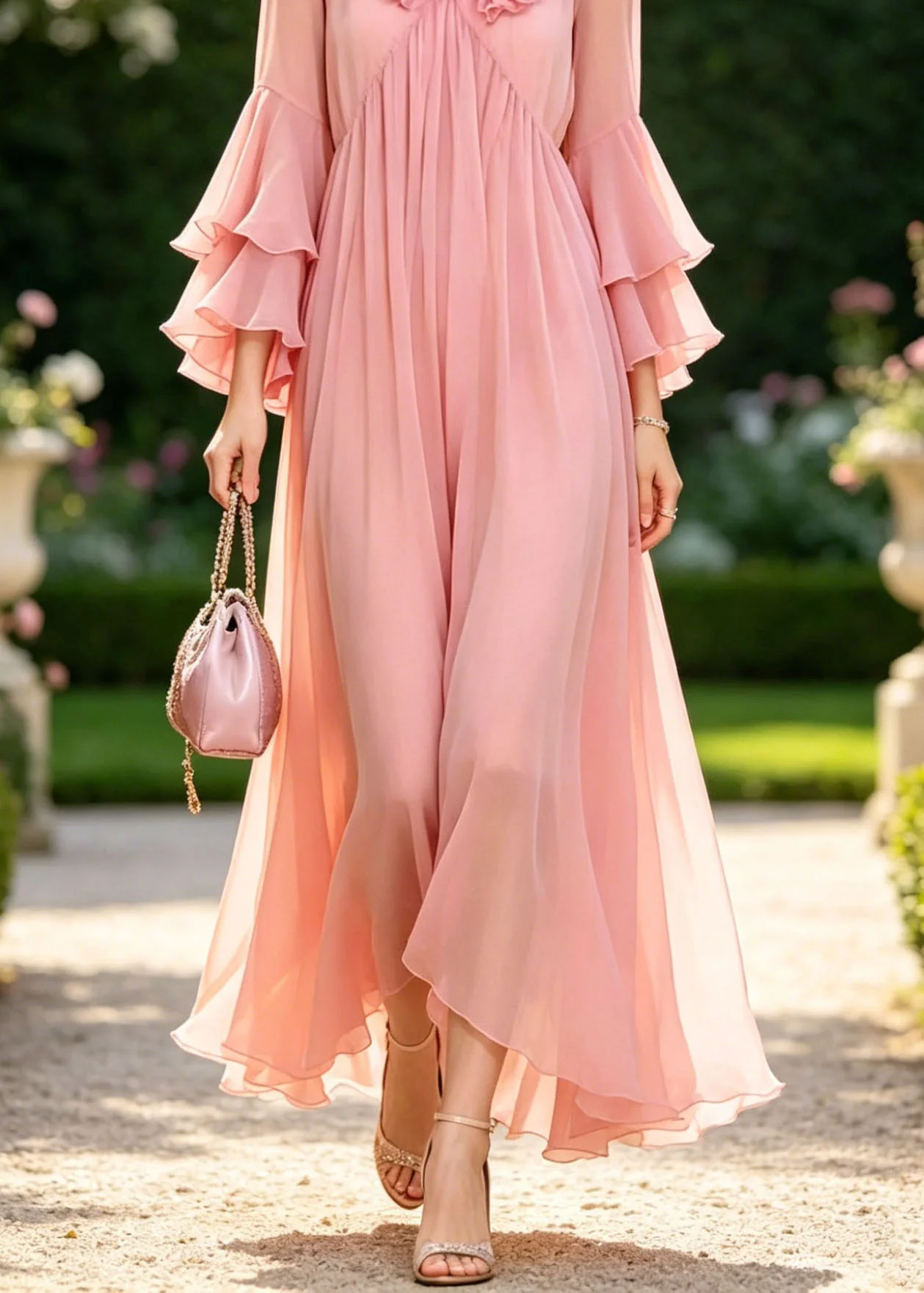 Chic Pink Ruffled Patchwork Chiffon Vacation Dress Flare Sleeve - Image 4