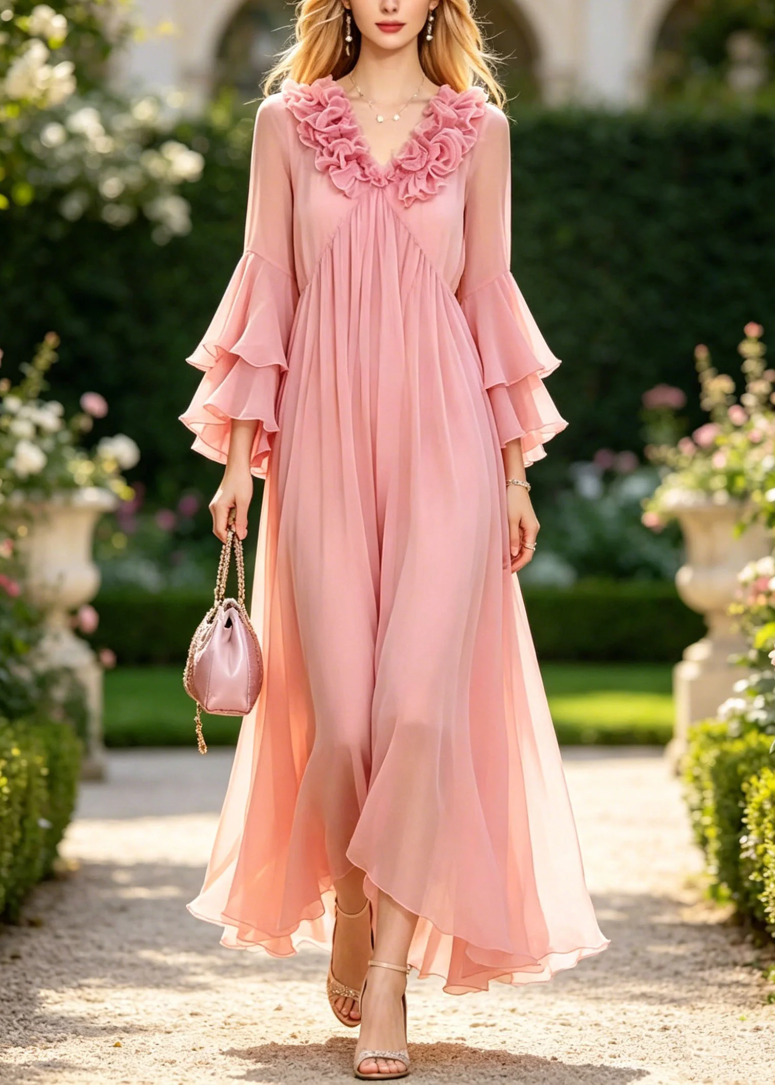 Chic Pink Ruffled Patchwork Chiffon Vacation Dress Flare Sleeve - Image 5