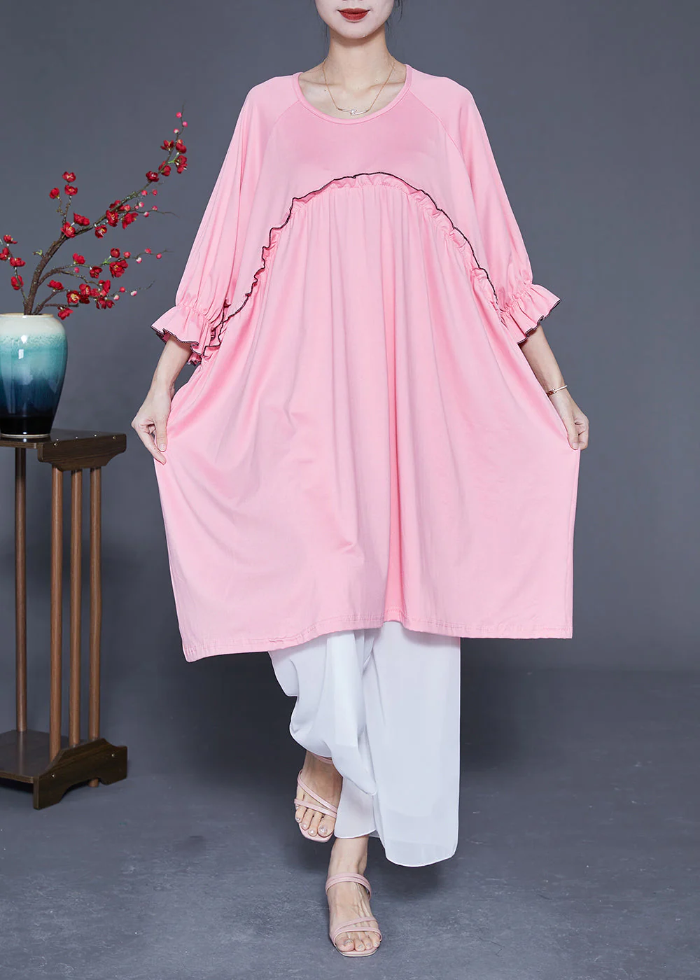 Chic Pink Ruffled Patchwork Cotton A Line Dress Summer - Image 2