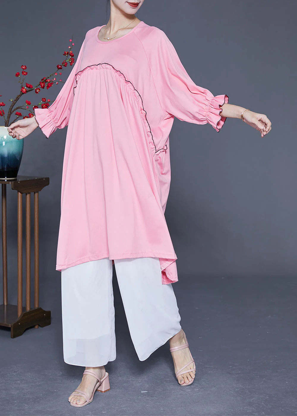Chic Pink Ruffled Patchwork Cotton A Line Dress Summer - Image 3