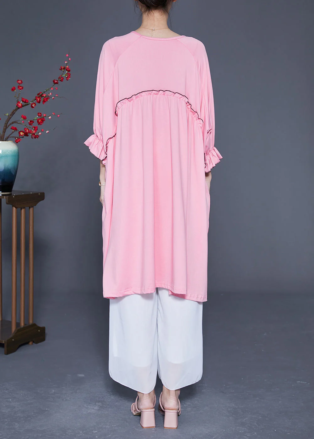 Chic Pink Ruffled Patchwork Cotton A Line Dress Summer - Image 4