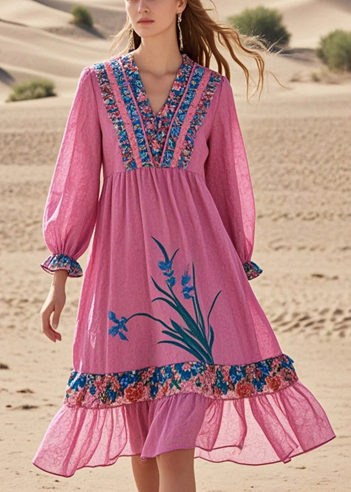 Chic Pink Ruffled Patchwork Cotton Tea Dress Spring - Image 3