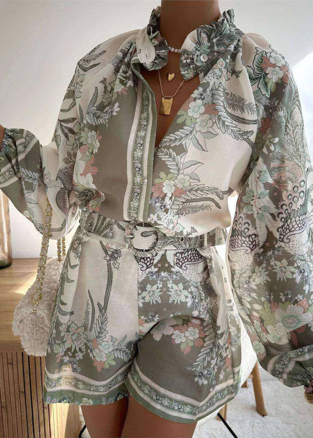 Chic Pink Ruffled Print Top And Shorts Cotton Two Pieces Set Summer - Image 2