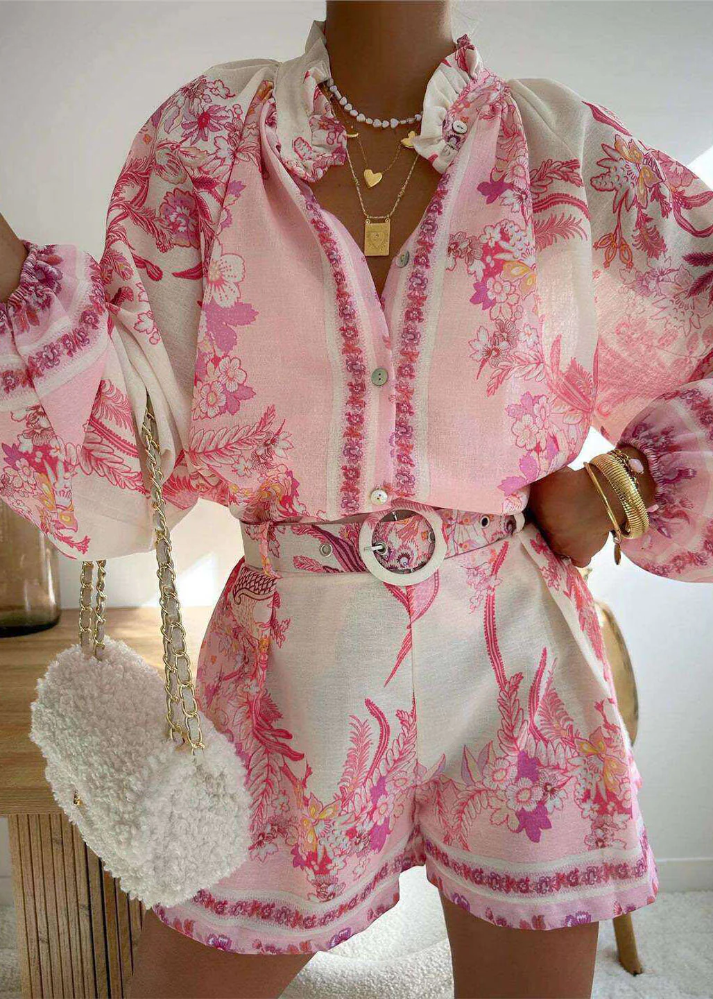 Chic Pink Ruffled Print Top And Shorts Cotton Two Pieces Set Summer - Image 3